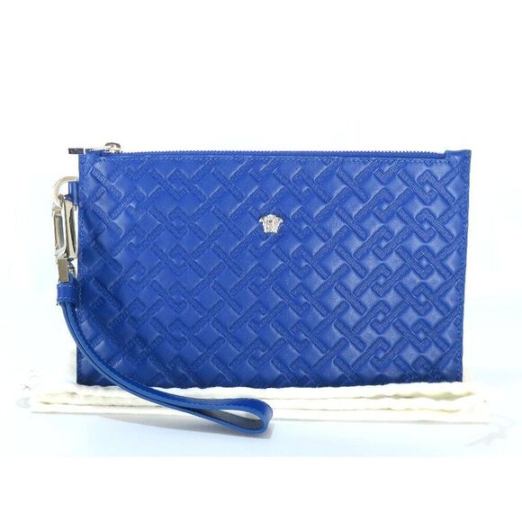 ✨STUNNING! Versace Cobalt Blue Leather Pouch Clutch w/ Dust Bag - Picture 1 of 8